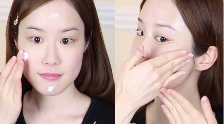 Now take any facial cream and apply evenly on your face. Gently use your finger to spread the cream in circular and upward motion for a face lift.